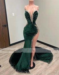 Escuro sexy verde cintas de espaguete vestidos de baile veet cristal fenda sereia formal vestidos de festa robe de soiree femme