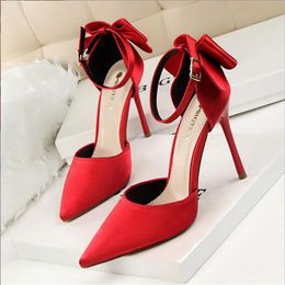 women's dress shoes classic fashion sweet slim stiletto shoes Pointed satin hollow back bow Single High heel Large size 34-43