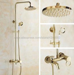 Bathroom Shower Sets Golden 8" Rainfall Faucet Set Mixer Tap With Hand Sprayer Wall Mounted Bath Kgf412Bathroom