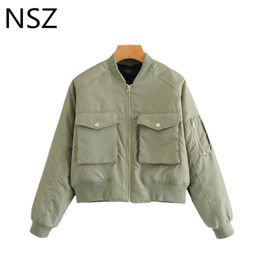 NSZ Womens Oversize Winter Quilted Padded Bomber Jacket Baseball Coat Crop Parkas Large Size Short Outerwear Army Green 220801