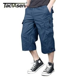 TACVASEN 100% Cotton Below Knee Length 3/4 Long Shorts Men's Tactical Pants Multi Pocket Summer Twill Work Cargo Man 220325