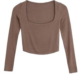 TRAF Women Sexy Fashion Fitted Cropped Ribbed Knitted T-Shirt Vintage Square Collar Long Sleeve Female Tops Mujer 220402