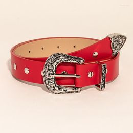Belts Women Carved Alloy Metal Rivet Wide Buckle Belt 2022 Autumn Winter Fashion Retro PU Waistband Office Ladies Red BeltsBelts Emel22