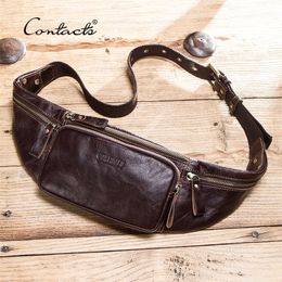 CONTACTS Cow Leather Men Waist Bag Casual Small Fanny Pack Male For Cell Phone And Credit Cards Travel Chest 220813
