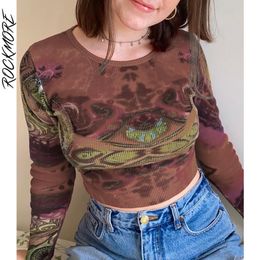 Rockmore Fairy Grunge Manga Longa T-shirt das Mulheres Vintage Crop Crop Top Tee Outono Coreano Tie Tintura Print E Menina Camiseta 90s 220411