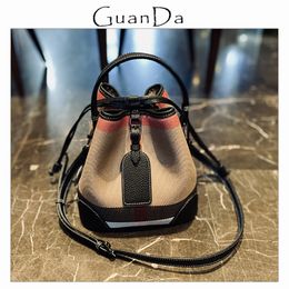 Luxury Women s Bag High Quality Plaid Canvas Leather Bucket With Tag Classic Designer Drawstring Female Shoulder Handbag 220627