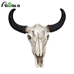 Resin Longhorn Cow Skull Head Wall Hanging Decor 3D Animal Wildlife Sculpture Figurines Crafts Horns for Home Halloween Y200106