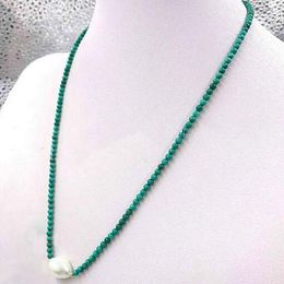 6mm Green Turquoise Round Gems White Freshwater Pearl Pendant Necklace 18in