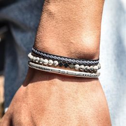 Beaded Strands Vintage Silver Colour Cuff Men's Bracelet & Bangle Colombia Handmade Braided Rope Chain Natural Cross Agate Beads Brac