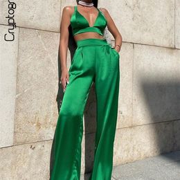 Cryptographic Silky Satin Camis Crop Top and Pants 2 Piece Set for Women Matching Sets Outfits Sexy High Waist Pants Streetwear 220527