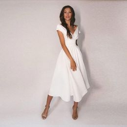 Other Wedding Dresses Modest V-Neck Tea Length Short Sleeve Jersey A-Line Simple Bridal Gowns With Pleats Party DressesOther