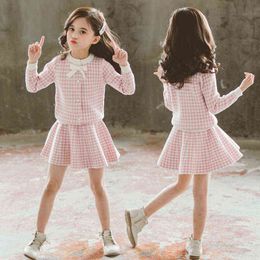 Girls Clothing Sets For Girls Clothes Suits Knit Bow Plaid Tops+Mini Skirt 2Pcs Costume Children Clothing Suits 8 9 10 12 Years