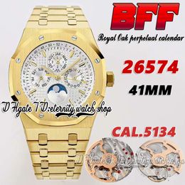 BFF bf26574 Complicated Function Cal.5134 bf5134 Automatic Mens Watch 41mm Moon Phase White Textured Dial Stick Markers Gold Stainless Bracelet eternity Watches