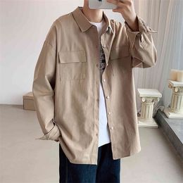 Korean Fashion Mens Shirts Daily Casual Loose Button Down 100% Cotton Khaki White Long Sleeve Two Pocket Shirts 4XL 5XL 210412