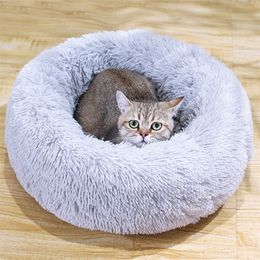 Round Plush Cat Bed House Mat Winter Warm Sleeping s Nest Soft Long Dog Basket Pet Cushion Portable Pets Supplies LJ200918