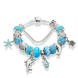 Charm Bracelets Fashion Jewellery Sea Dolphin Bracelet Femme For Women DIY Blue Crystal Beads Pan GiftCharm