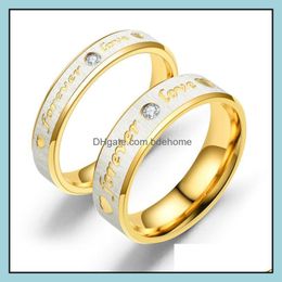 -Band Rings Jewelry Gold Forever Love Wedding Wedding Ring Cz Stone Heart Stainless Steel Eternity Engagement Promise Casal para Mulheres Men Drop Deliv