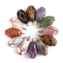 Wire Wrapped Coffin Fortune Tree of Life Charms Natural Stone Pink Quartz Healing Crystal Tiger Eye Amethyst Pendants For Necklace Jewellery ACC