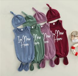 Summer Baby Sleeping Bags Cap Sets Newborn Infant Sleeveless Letter Print Knotted Swaddle Wrap Gown With Hat 2PCS Outfits Set M4084