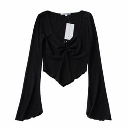 Summer retro threaded trumpet sleeves micro-beam corset V-neck T-shirt women, sexy fungus pleated short top women 220408