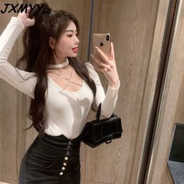 spring low-neck style with a thin chain halter neck careful design of the machine top long-sleeved T-shirt JXMYY 210412