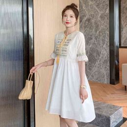 Summer White Pregnant Women Dress Short Flare Sleeve Fashion Embroidered Maternity Aline Dress Chinese Style Pregnancy Dresses J220628