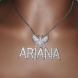 Custom Mini Initial Letters With Buttterfly Bail Pendant Micro Paved CZ Personalised Name Plated Necklace Hip hop Jewellery