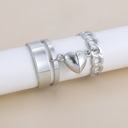 2pcs Heart Magnetic Couple Ring Silver Plated Cuban Chain Open Rings for Women Men Lovers Jewelry Lover Gift