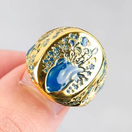 Wedding Rings Unisex Punk Style Gold Color Wide For Women Men Carving Enamel Blue Flower Creativity Finger Ring JewelryWedding
