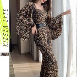 Sexy Jumpsuit for Women Square Neck Leopard Print Flared Sleeves High Waist Wide Legs Long Romper 210608