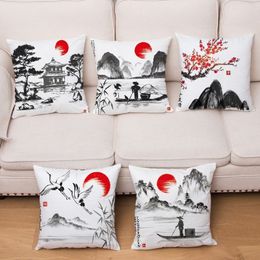Pillow Case Classical Ink Scenic Print Cushion Cover Super Soft Short Plush Pillow Covers 45 45 Throw Pillows Cases Home Decor Pillowcase 220623