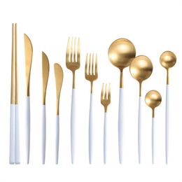 Faca de colher de casamento de ouro prateado de ouro 18/8 talheres de talheres de aço inoxidável Holoneses brancos utensílios brancos