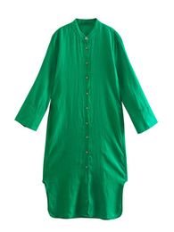 Casual Dresses YENKYE 2022 Women Front Buttoned Linen Cotton Green Dress Vintage Long Sleeve Side Vents Loose Female Tunic