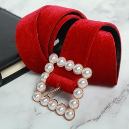 Belts Fashion Trendy Red Velvet Pearl Button Women's Belt Buckle Flannel Apricot Girdle For Girls Luxury Dress CeintureBelts Forb22