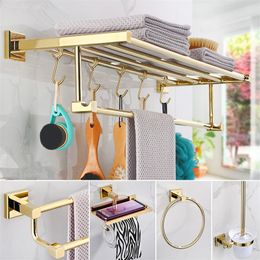Bathroom Accessories Towel RackPaper holder Toilet Brush HolderTowel RangerHooks Brass Material Gold Bath Hardware Sets T200425