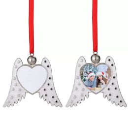 Sublimation Angel Wings Ornament Heat Printing Christmas Pendant Thermal Transfer Metal Pendants With Red Ribbon Customized Gift