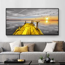 Sunset Bridge Scenery Bird Landscape Wall Art Canvas Cuadros Posters and Prints Seascape Modern Wall Picture for Living Room