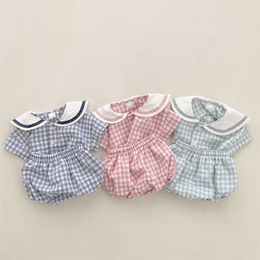 Summer Baby Short Sleeve Clothes Set Infant Boys Girls Cute Plaid Print Navy Collar T Shirt Shorts 2pcs Suit Kids Outfits 220608