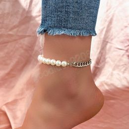 Trendy Pearl Chain Spliced Anklet for Women Fashion Lady Beach Metal Barefoot Bracelet on Foot Simple Jewellery