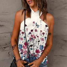 Women's Sexy Dragon Flower Printed Halter Sleeveless Backless Skinny Slim Cropped Tank Tops Summer Casual Fashion Tops L220706