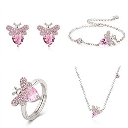 Korean version of temperament little bee inlaid earrings bee bracelet necklace ring women's fashion fresh animal jewelry set