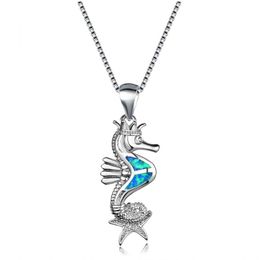 Pendant Necklaces Bamos Seahorse Star Pendants Silver Colour White/Blue/Purple Fire Opal Long Necklace Chain For WomenPendant