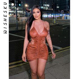 Women Sling V Neck Backless Mini Dress Sexy Cut Out Drawstring Ruched Bodycon Dresses Fall Summer Harajuku Party Clothes 220507