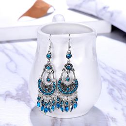 Dangle & Chandelier Bohemian Ethnic Blue Crystal Water Drop Earrings For Women Vintage Long Silver Color Geometric Wedding JewelryDangle