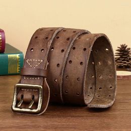 Belts Design Belt Cowskin Genuine Leather Brass Copper Double Needle Buckle Young Men's Brand Style CowboyBelts Emel22