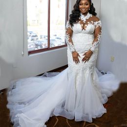 Aso Ebi Mermaid Wedding Dresses High Neck Illusion Long Sleeve Up Back Lace Appliques Beads Plus Size Bridal Gowns