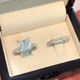 Wedding Rings 2pcs/set Women Princess Couple Silver Color Square Cut Ring Sets Cubic Zirconia Jewelry Romantic Sz 6-10WeddingWedding Edwi22