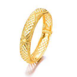 14mm Hollow Women Bangle Buckle Bracelet Geometry Solid 18k Yellow Gold Filled Lady Girlfriend Wedding Party Jewellery Gift Dia 60mm