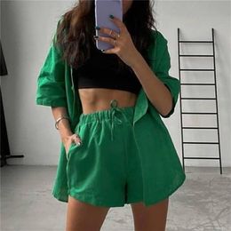 Summer Casual Tracksuit Women's Shorts Suits Green Streetwear Short Sleeve Shirt Tops Loose Drawstring Mini Two Piece Set 220509