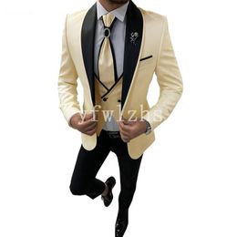 Handsome One Button Man's Suits Shawl Lapel Groom Tuxedos Groomsmen Wedding/Prom/Dinner Man Blazer Jacket Pants Vest Tie N042